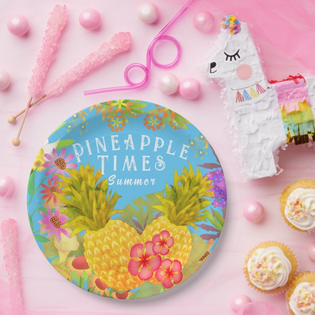 Pineapples Floral Blue Paper Plates (Party)