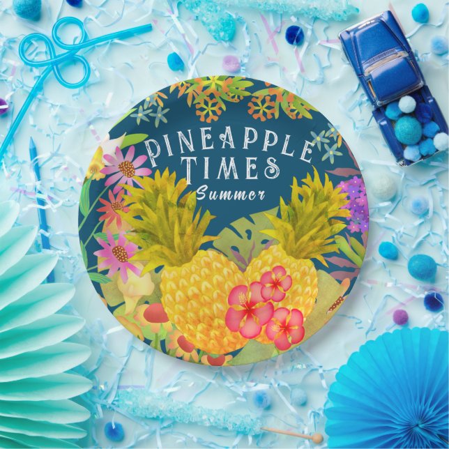 Pineapples Floral Turquoise Paper Plates (Party)