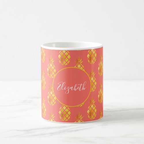 Pineapples gold orange name script coffee mug