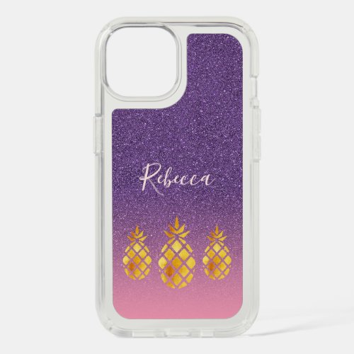Pineapples gold purple rose gold glitter name iPhone 15 case