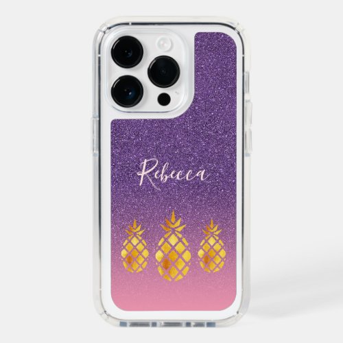 Pineapples gold purple rose gold glitter name speck iPhone 14 pro case