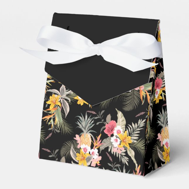 Pineapples Hibiscus Flowers on Black Tent Favor Boxes (Front Side)