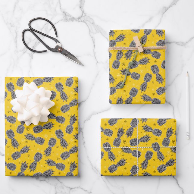 Pineapples On Gold Wrapping Paper Sheets (Front)