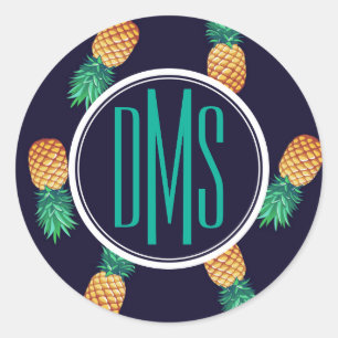 Pineapples On Navy   Monogram Classic Round Sticker