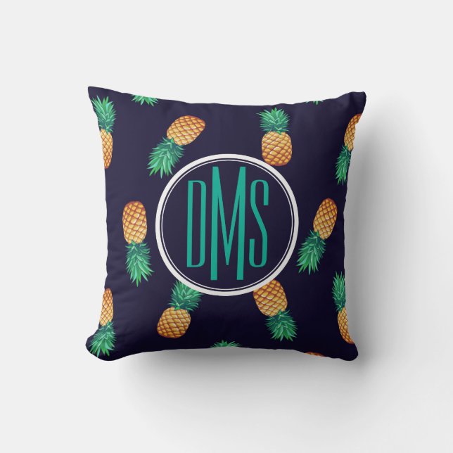 Pineapples On Navy | Monogram Throw Pillow (Front)