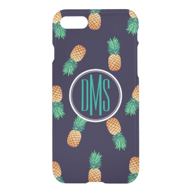 Pineapples On Navy | Monogram Uncommon iPhone Case (Back)