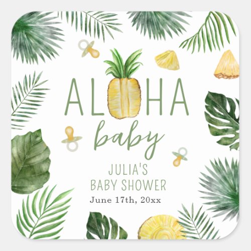 Pineapples  Pacifiers Aloha Baby Shower Green Square Sticker