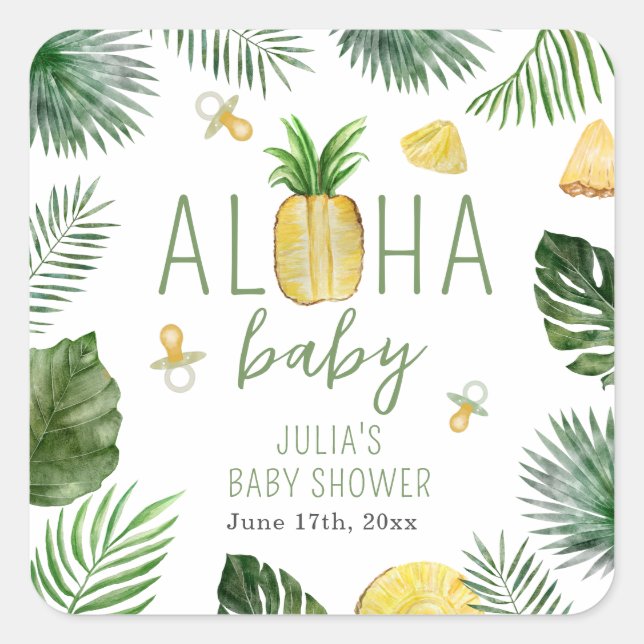 Pineapples & Pacifiers Aloha Baby Shower Green Square Sticker (Front)