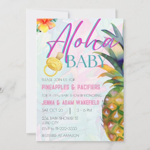 Pineapples  Pacifiers Girl Aloha Luau Baby Shower Invitation