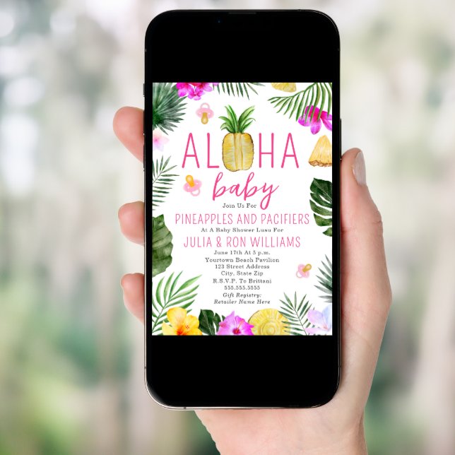 Pineapples & Pacifiers Pink Girl Baby Shower Luau Invitation (Front Digital)