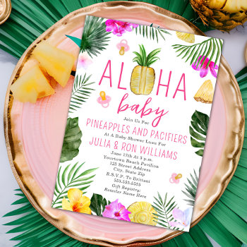 Pineapples & Pacifiers Pink Girl Baby Shower Luau Invitation by JillsPaperie at Zazzle