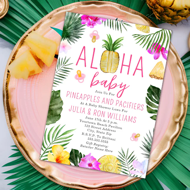 Pineapples & Pacifiers Pink Girl Baby Shower Luau Invitation | Zazzle