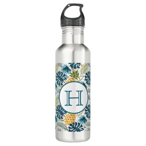 Pineapples palm leaves foliage monogram stainless steel water bottle