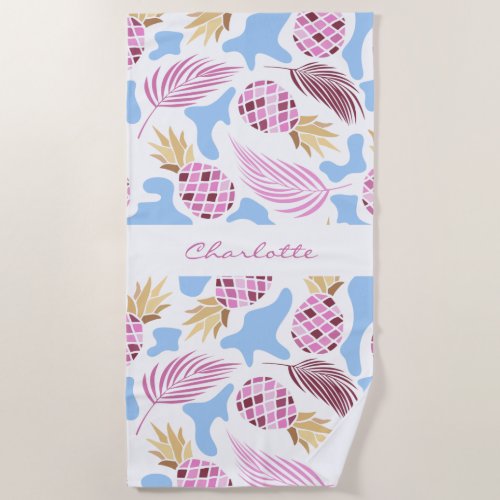 Pineapples pink blue tropical pattern name beach towel