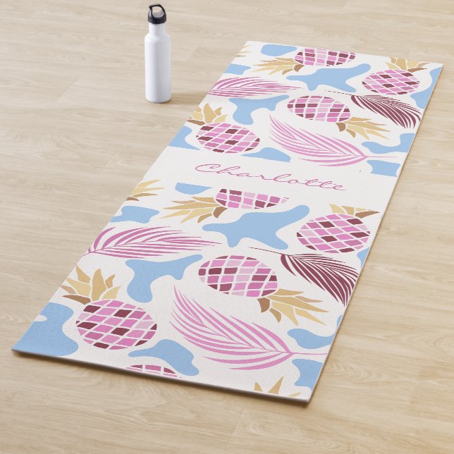 Pineapples pink blue tropical pattern name yoga mat (In Situ)