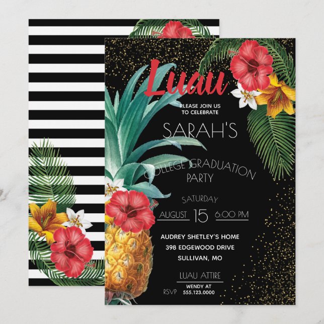 Pineapples & Tropical Flowers Graduation Party Invitation (Front/Back)