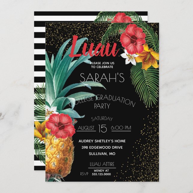 Pineapples & Tropical Flowers Graduation Party Invitation (Front/Back)