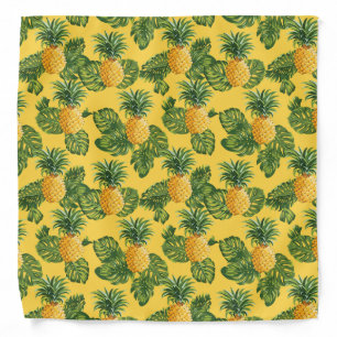 Pineapples & Tropical Leaves On Gold Bandana