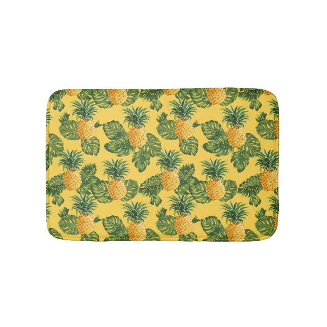 Pineapples & Tropical Leaves On Gold Bathroom Mat (Front)