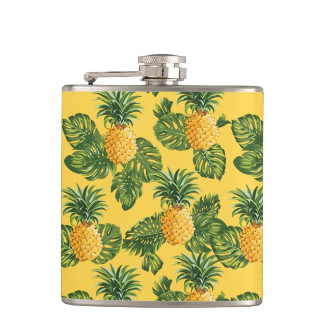 Pineapples & Tropical Leaves On Gold Flask (Front)