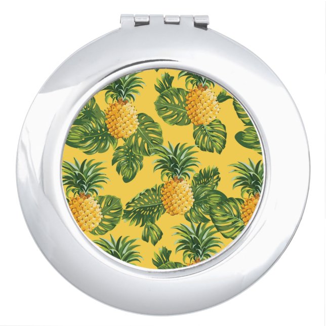 Pineapples & Tropical Leaves On Gold Makeup Mirror (Front)