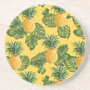 Pineapples & Tropical Leaves On Gold Sandstone Coaster