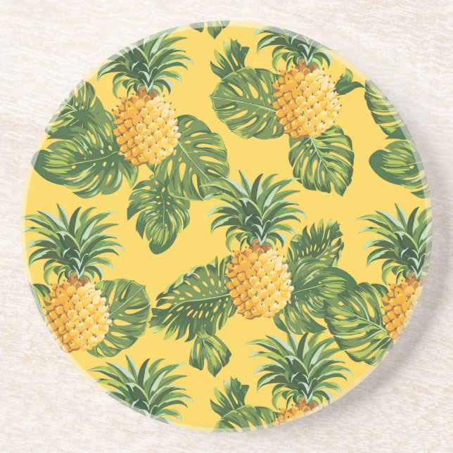 Pineapples & Tropical Leaves On Gold Sandstone Coaster (Front)