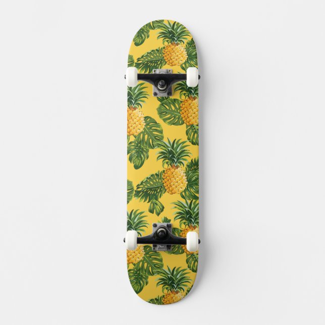 Pineapples & Tropical Leaves On Gold Skateboard Deck (Front)