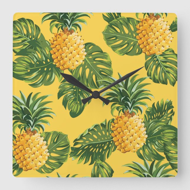Pineapples & Tropical Leaves On Gold Square Wall Clock (Front)