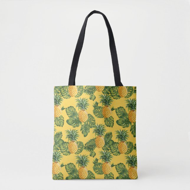 Pineapples & Tropical Leaves On Gold Tote Bag (Front)