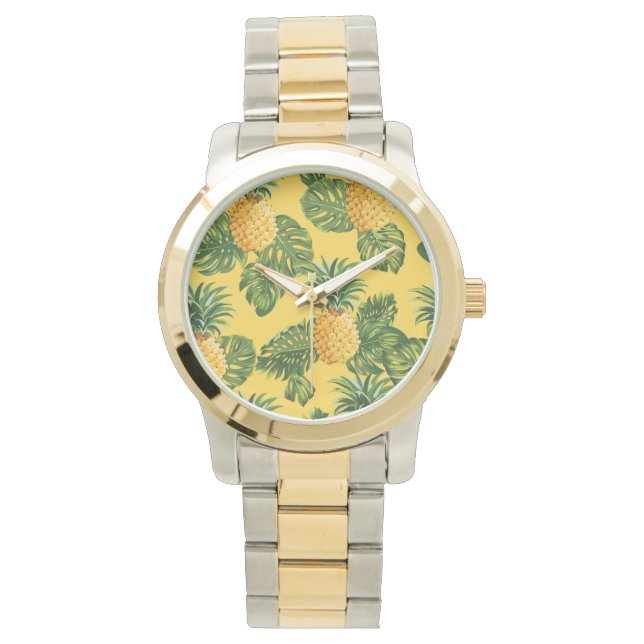 Pineapples & Tropical Leaves On Gold Watch (Front)
