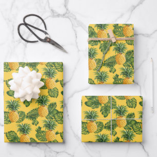 Pineapples & Tropical Leaves On Gold Wrapping Paper Sheets