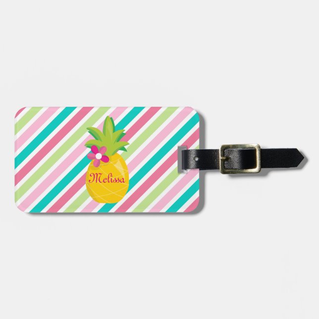 Pineapples Tropical Stripes Luggage Tag (Front Horizontal)