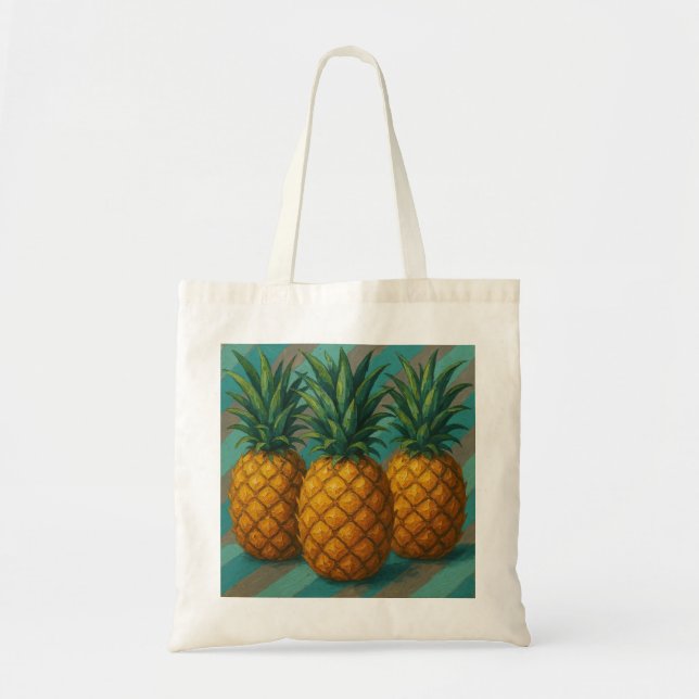 Pineapples with Turquoise and Warm Gray Stripes Tote Bag (Front)