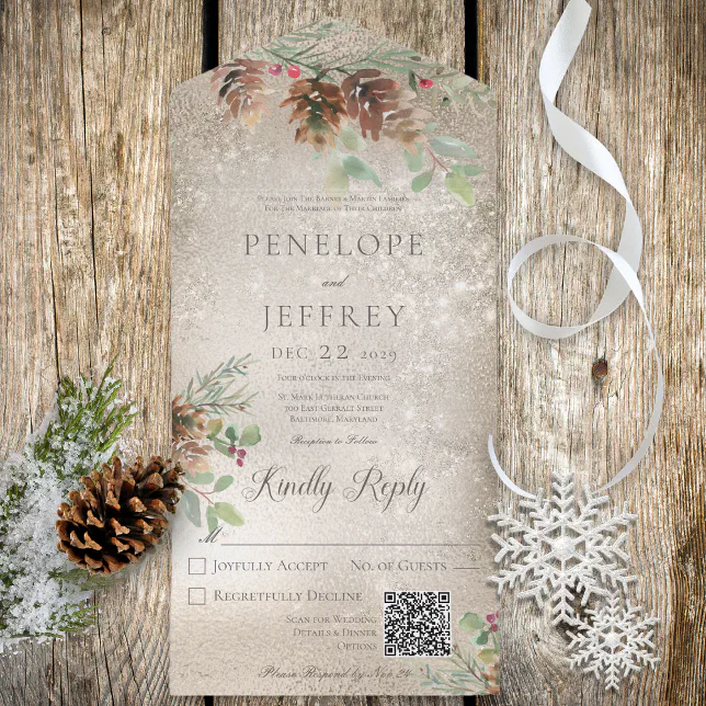 Pinecone & Berries Modern Gold QR Code All In One Invitation | Zazzle