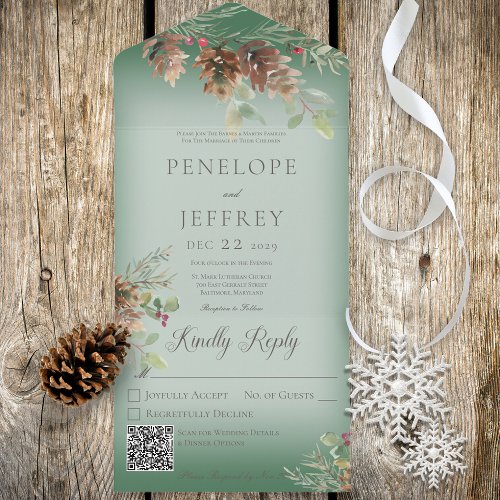 Pinecone  Berries Modern Green QR Code All In One Invitation