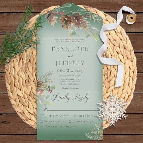 Pinecone  Berries Modern Wine Green Dinner All In One Invitation