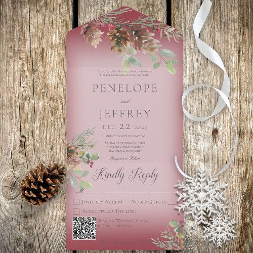 Pinecone  Berries Modern Wine Red QR Code All In One Invitation