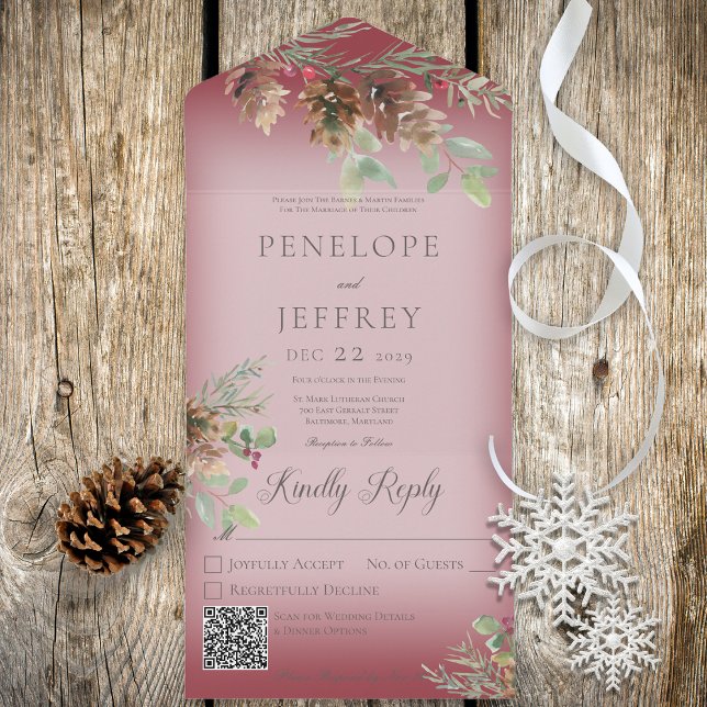 Pinecone & Berries Modern Wine Red QR Code All In One Invitation (Creator Uploaded)