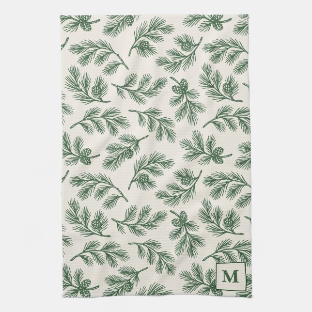 Pinecone Christmas Monogram Kitchen Towel (Vertical)
