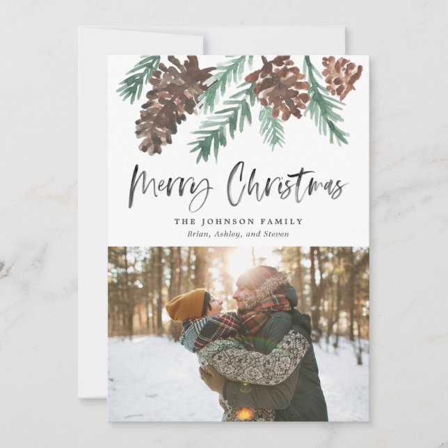 Pinecone Christmas Watercolor Holiday Photo (Front)