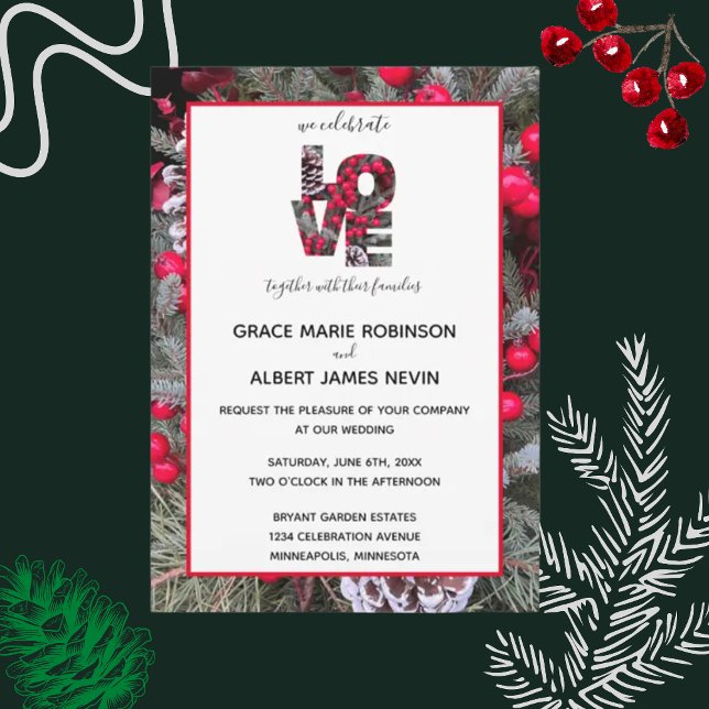 Pinecone Evergreens Red Berries Wedding Invitation (Creator Uploaded)