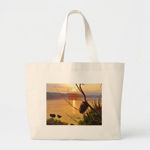 Pinecone Lake sunset Large Tote Bag