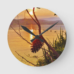 Pinecone Lake sunset Round Clock