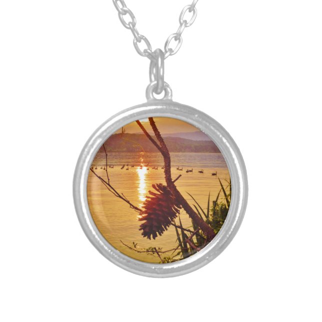 Pinecone Lake sunset Silver Plated Necklace (Front)