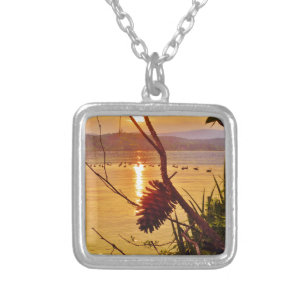 Pinecone Lake sunset Silver Plated Necklace