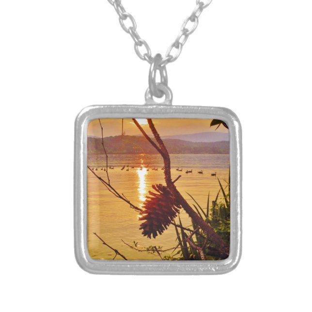 Pinecone Lake sunset Silver Plated Necklace (Front)