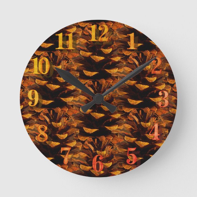 Pinecone pattern rustic fall nature brown  round clock (Front)
