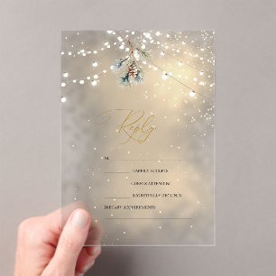 Pinecone String Lights Winter Wedding RSVP Acrylic Invitations