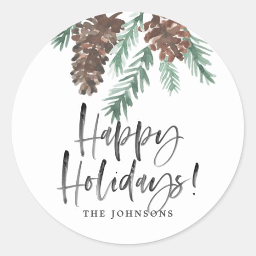 Pinecone Watercolor Happy Holidays Family Name Classic Round Sticker